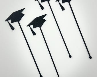 Graduation Drink Stirrers | Grad Cap Stir Sticks | Cocktail Stirrers | Graduation, College Party, High School Grad, Congrats | Drink Tags