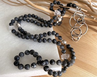 108 Mala, Spectrolite and Quartz Crystal Necklace, Raw Clear Quartz, Meditation Gift, Healing Mala, Raw Crystal Pendant, Prayer Mala Gift