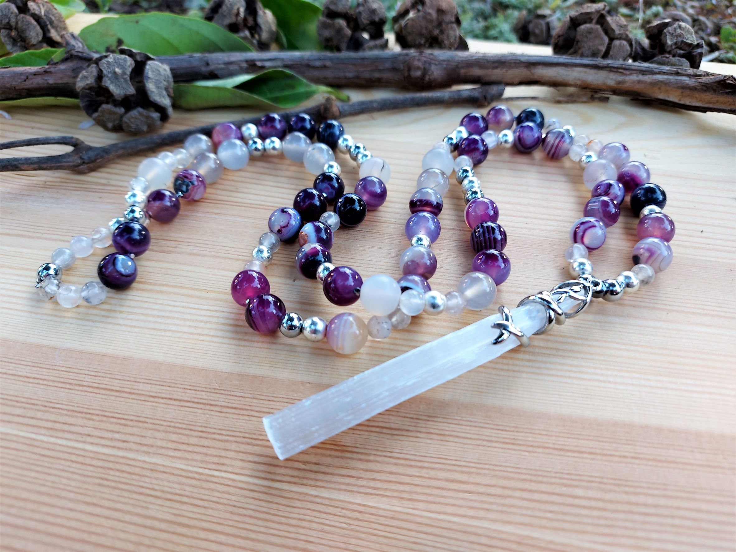 Boosting Metabolism Purple Agate Mala and Bracelet Set, Statement Necklace, Chunky Gemstone Silver Pendant, Large Purple Beads, Gift for Her