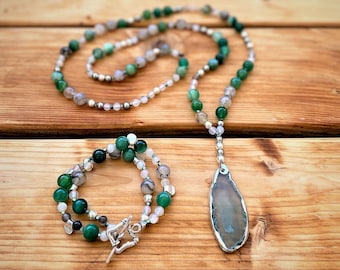 Boosting Abundance Green Agate Mala and Bracelet Set, Statement Gemstone Silver Pendant, Large Green Beads, Crystal Gift Virgo, Gift for Her