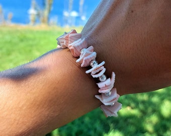 Spiritual Healing Pink Coral and Raw Hematite beaded Bracelet, Healing Crystals, Gift for Her, Crystal Gift Pisces, Aquarius, Gift for Mom