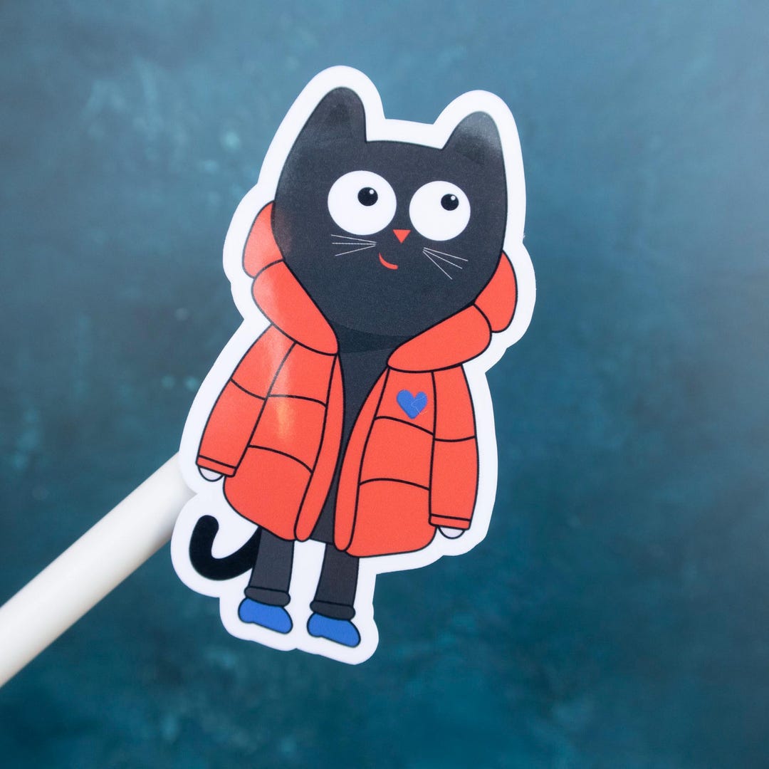Black Cat in a Red Puffy Jacket, Waterproof Laminated Vinyl Sticker ...