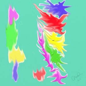 Op de afbeelding: Abstracte digitale kunst met een turquoise achtergrond. Het kunstwerk toont kleurrijke, vloeiende vormen in roze, groen, geel, rood en blauw. De vormen lijken samen te smelten en overlappen elkaar, waardoor een dynamische en levendige compositie ontstaat.