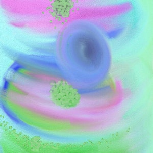 Op de afbeelding: Abstracte digitale kunst met een blauwe cirkel, groene stippen en roze en blauwe aquarel-achtige swirls op een lichtblauwe achtergrond.