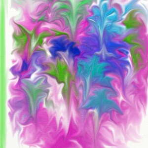 Op de afbeelding: Abstract schilderij met draaiende kleuren in roze, blauw, groen en wit. De kleuren mengen samen om een uniek en dynamisch ontwerp te creëren.