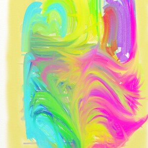 Op de afbeelding: Abstract schilderij met levendige kleuren, waaronder blauw, groen, geel, roze en paars. De kleuren zijn gemengd en gelaagd om een dynamische en energieke compositie te creëren.