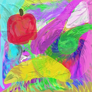 Op de afbeelding: Abstracte digitale kunst met een levendige mix van kleuren. Een grote rode appelvorm met een donkere steel is prominent aanwezig, omringd door streken van roze, groen, geel en blauw. Het kunstwerk heeft een getextureerde, geschilderde uitstraling.