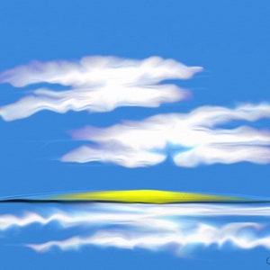 Op de afbeelding: Een digitale schildering van een blauwe lucht met witte wolken en een gele horizonlijn. De wolken worden weerspiegeld in het water eronder.
