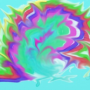 Op de afbeelding: Abstracte digitale kunst met draaiende kleuren in geel, groen, blauw, roze en rood. De kleuren zijn op een vloeiende, organische manier met elkaar vermengd en creëren een gevoel van beweging en energie.