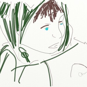 Op de afbeelding: Een lijntekening van een persoon met bruin haar en blauwe ogen. De persoon draagt een groene capuchon.