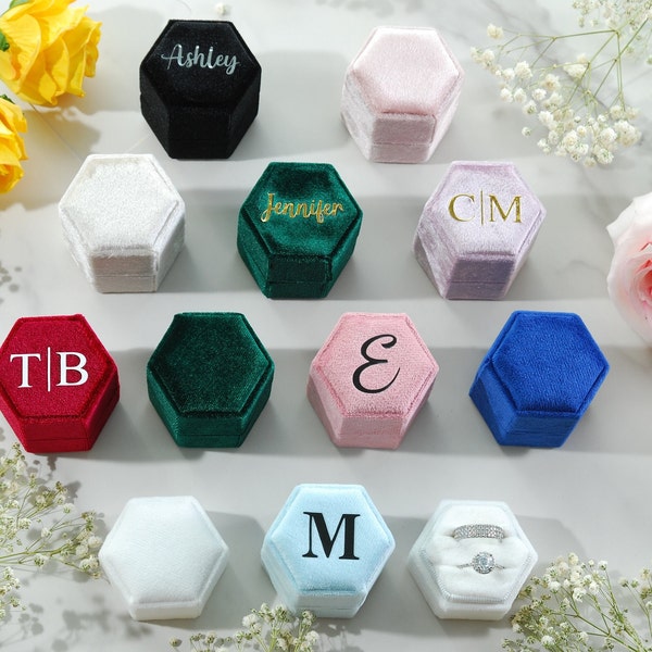 10 color+ Personalized Hexagon Velvet Ring Box,Wedding Engagement Ring Box,Monogrammed Ring Box,Custom Ring Bearer, Wedding Keepsake Box