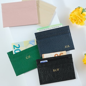 Genuine Leather Slim Card Case Personalized,Pebbled Leather Name Card Case Foil Debossed, Monogrammed Card holder,Real Leather Card Case