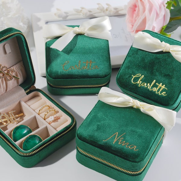 Caja de joyería de viaje de terciopelo italiano personalizada, regalos nupciales personalizados, caja de joyería personalizada, organizador de joyas, caja de joyería de terciopelo