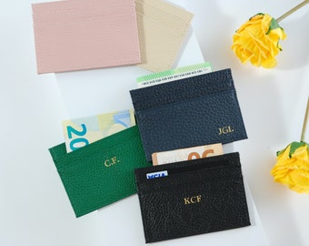 Genuine Leather Slim Card Case Personalized,Pebbled Leather Name Card Case Foil Debossed, Monogrammed Card holder,Real Leather Card Case