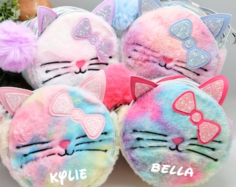 Personalized Cat Purse Cute Fuzzy Rainbow Glitter Custom Unicorn Horn and Ears with a Pom Pom Daycare Travel Cross-Body Bag Children Kids