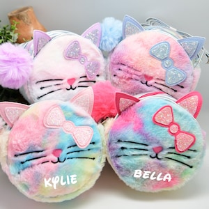 Personalized Cat Purse Cute Fuzzy Rainbow Glitter Custom Unicorn Horn and Ears with a Pom Pom Daycare Travel Cross-Body Bag Children Kids image 1
