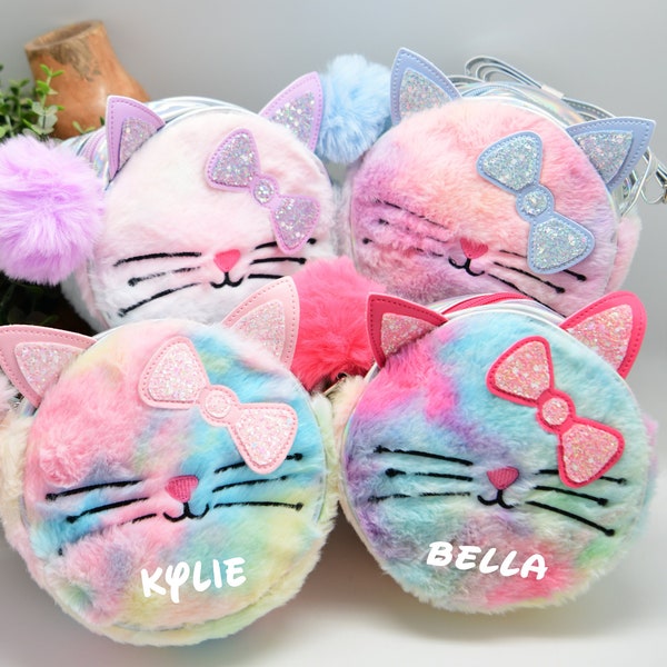 Personalized Cat Purse Cute Fuzzy Rainbow Glitter Custom Unicorn Horn and Ears with a Pom Pom Daycare Travel Cross-Body Bag Children Kids