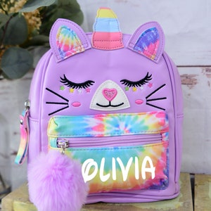 Personalized Cat Unicorn Mini Backpack Cute Custom Rainbow Magical Daycare Travel Bag Children Kids Girl Back to School