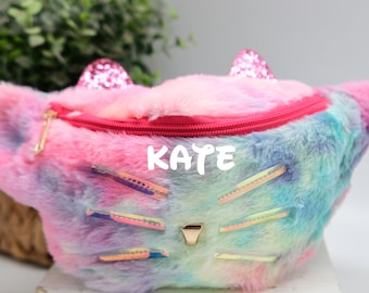 Personalized Fanny Pack Cat For Kids Fuzzy Rainbow Glitter Cute Fashion Hands-Free Adjustable Waist Bag Crossbody Plush Travel Mini Belt Bag