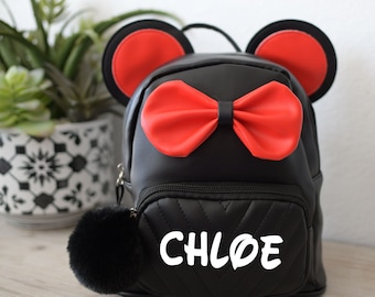 Personalized Minnie Mouse Backpack with Pom Pom Cute Custom Headband Polka Dot Bow Ears Daycare Travel Bag Children Kids Girl Back to School