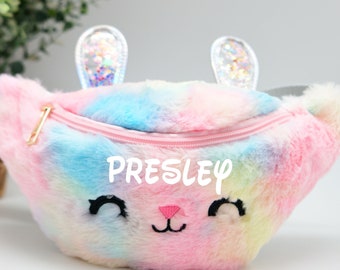 Personalized Fanny Pack Bunny For Kids Rainbow Glitter Cute Fashion Hands-Free Adjustable Waist Bag Crossbody Plush Travel Mini Belt Bag