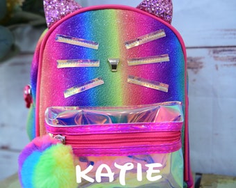 Personalized Cat Backpack Mini Cute Custom Rainbow Rhinestone Whiskers with Glitter Ears Daycare Travel Bag Children Kids Back to School