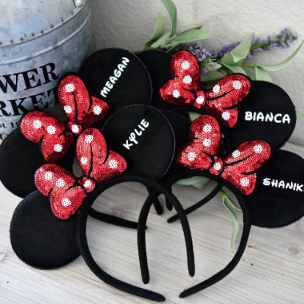 Minnie Ears Personalized Mickey Minnie Mouse Honeymoon Headbands Birthday Bachelorette RED Bows Sparkle Ears Pink Bow Sparkly Minnie Ears