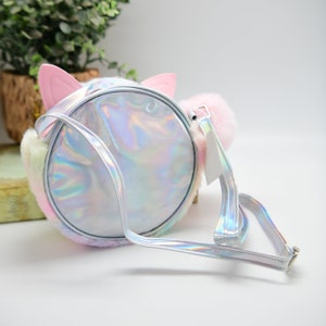 Personalized Cat Purse Cute Fuzzy Rainbow Glitter Custom Unicorn Horn and Ears with a Pom Pom Daycare Travel Cross-Body Bag Children Kids image 3