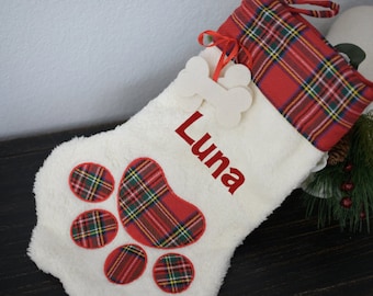 Personalized Christmas Dog Stocking Cat Pet Gift Fur Baby Paw Pattern Stockings Fireplace Hanging Buffalo Plaid Holiday Dog Lover Gift - 1PC