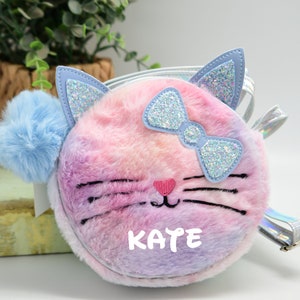 Personalized Cat Purse Cute Fuzzy Rainbow Glitter Custom Unicorn Horn and Ears with a Pom Pom Daycare Travel Cross-Body Bag Children Kids Light Blue