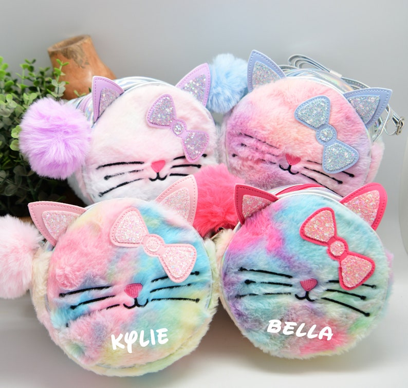 Personalized Cat Purse Cute Fuzzy Rainbow Glitter Custom Unicorn Horn and Ears with a Pom Pom Daycare Travel Cross-Body Bag Children Kids image 1