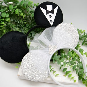 Bride and Groom Mickey and Minnie Ears Set Headbands Bride To Be Mickey Ears Minnie Mouse Ears headband Disney bride Disney wedding Renewal image 4