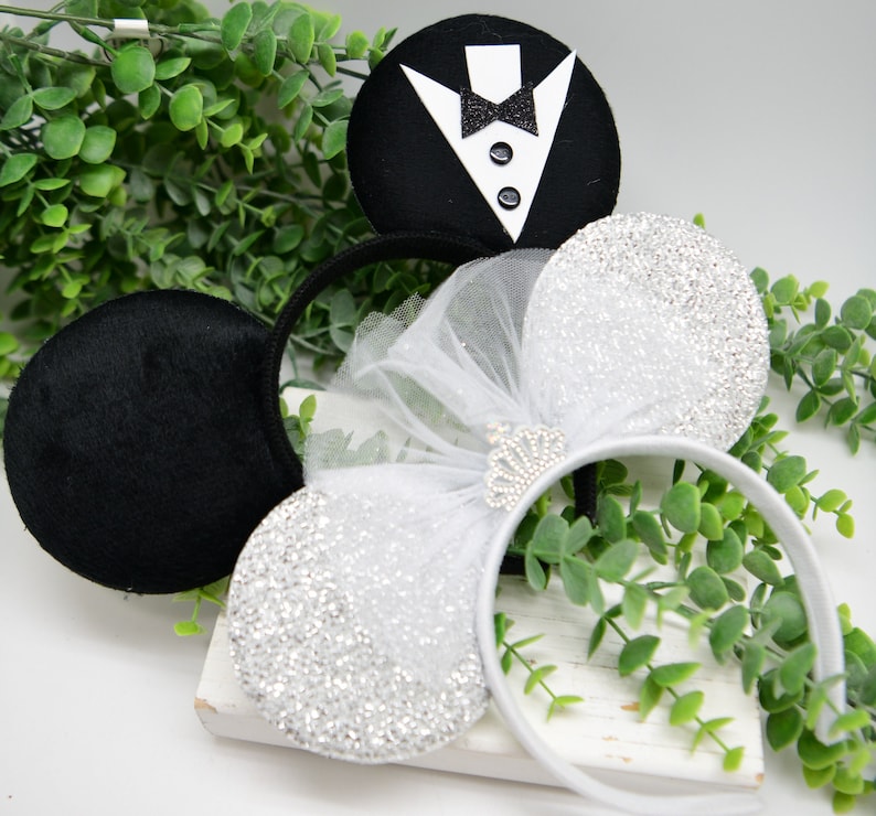 Bride and Groom Mickey and Minnie Ears Set Headbands Bride To Be Mickey Ears Minnie Mouse Ears headband Disney bride Disney wedding Renewal image 4