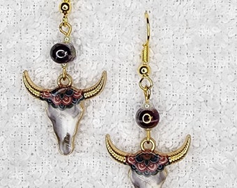 Golden Bull and Porcelain Dangle Earrings