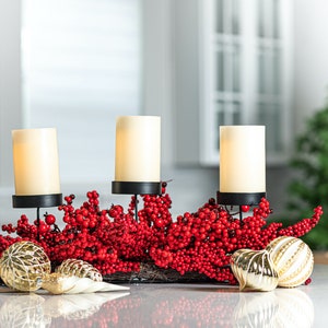 26” Winterberry Holly Centerpiece with 3 Candle Holders - Holiday Table Decor, Berries & Pinecones, Handcrafted Christmas Centerpiece