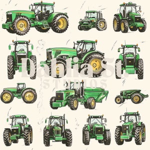 May include: A collection of ten green and black toy tractors. The tractors are all different sizes and styles, and some have trailers. The tractors are on a white background with a light grey texture.