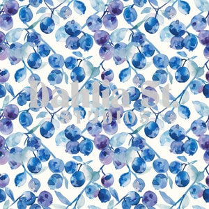 May include: A seamless pattern featuring watercolor illustrations of blueberries on white background. The blueberries are painted in shades of blue and purple, with some having a light pink hue. The pattern is perfect for fabric, wallpaper, or other design projects.