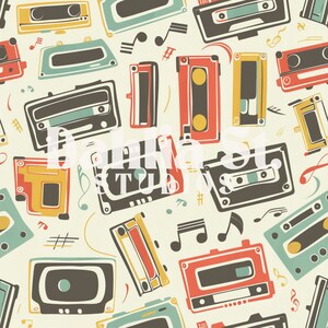 May include: A seamless pattern featuring colorful cassette tapes and musical notes on a light beige background. The tapes are in various colors, including red, blue, green, yellow, and black. The musical notes are black and white. This pattern is perfect for a retro-themed design project.