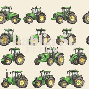 May include: A seamless pattern featuring multiple green and black tractors on a cream background. The tractors are all facing forward and have a detailed design.