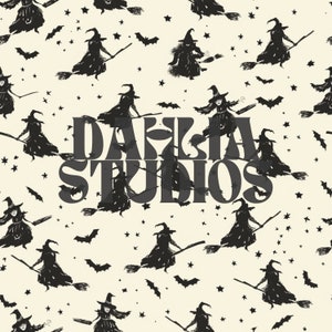 May include: A seamless pattern featuring black silhouettes of witches flying on broomsticks against a cream background. The pattern also includes small black stars and bats. The text "DAKLA STUDIOS" is in the center of the pattern.