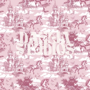 May include: A pink and white seamless pattern featuring a whimsical fairytale theme. The pattern includes castles, unicorns, butterflies, and clouds. The text "DARLA STUDIOS" is in the center of the image.