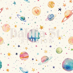 May include: A seamless pattern featuring watercolor planets, stars, and confetti on a white background. The planets are painted in various colors, including blue, green, orange, pink, and purple. The stars are yellow, white, and blue. The confetti is a mix of small dots in various colors. The text "Dahlia St. Studios" is in the center of the pattern.