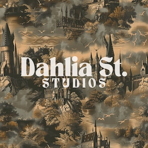 May include: A digital illustration of a whimsical castle with a cloudy sky and flying birds. The text "Dahlia St. STUDIOS" is in the foreground.