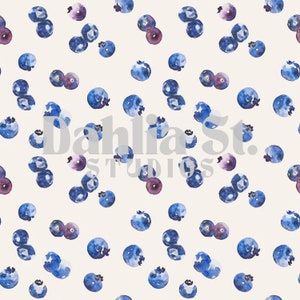May include: A seamless pattern featuring watercolor illustrations of blueberries on a white background. The blueberries are scattered randomly and are in various shades of blue and purple.