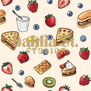 May include: A colourful pattern featuring various food items, including sandwiches, waffles, strawberries, kiwi, and a glass of milk. The pattern is set against a light beige background.