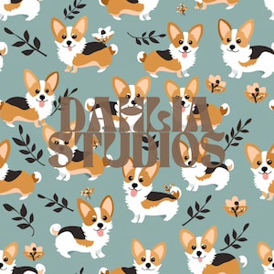 May include: A seamless pattern featuring a repeating design of cartoon corgis with brown, white, and black fur. The corgis are set against a light blue background with small white flowers and green leaves.