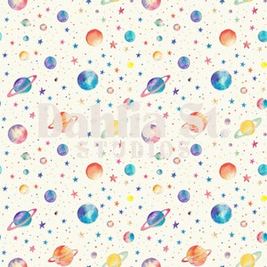 May include: A seamless pattern featuring watercolor illustrations of planets, stars, and dots on a light yellow background. The planets are painted in various shades of blue, green, orange, and yellow. The stars are painted in shades of pink, blue, and yellow. The pattern is perfect for use in a variety of creative projects, such as fabric, wallpaper, and stationery.