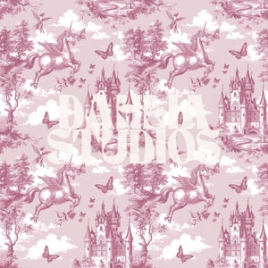 May include: A pink and white seamless pattern featuring unicorns, castles, butterflies, and birds. The text "DARLA STUDIOS" is in the centre of the image.