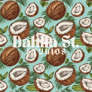 May include: A seamless pattern featuring brown coconuts with white interiors on a light blue background. The coconuts are surrounded by green palm leaves.