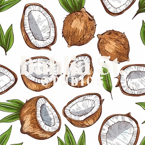 May include: A seamless pattern featuring brown coconuts with white flesh, some cut in half, and green leaves on a white background.